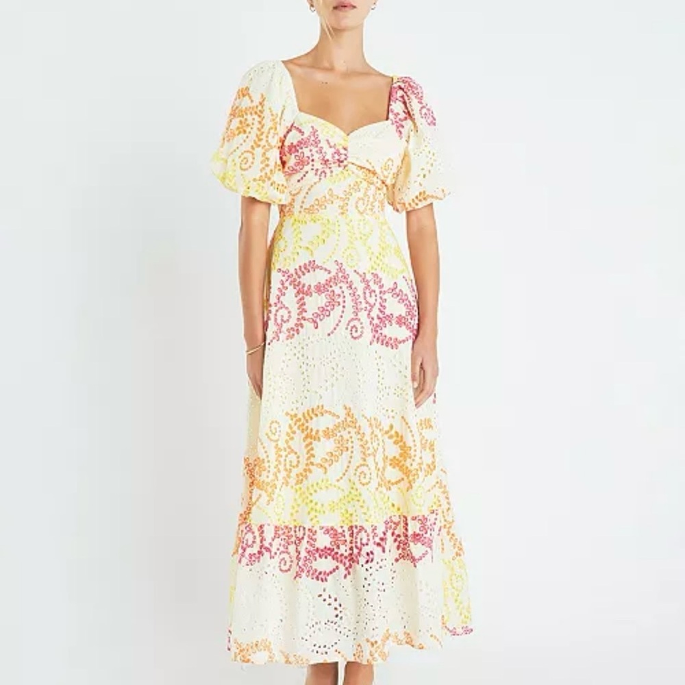 English Factory Cream Maxi Dress Puff Sleeves Sweetheart Neckline Open Back